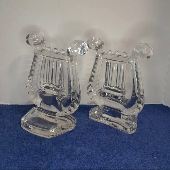 Pair Mid-Century Fostoria Harp Lyre Heavy Clear Glass Bookends Music Decor Gift - Picture 1 of 7